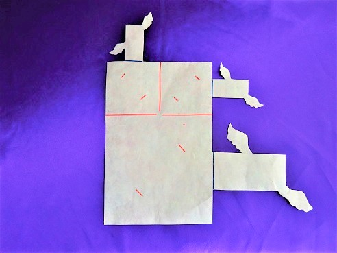 ペーパー折り鶴「親鶴の下に二羽の小鶴」の展開図(型紙)